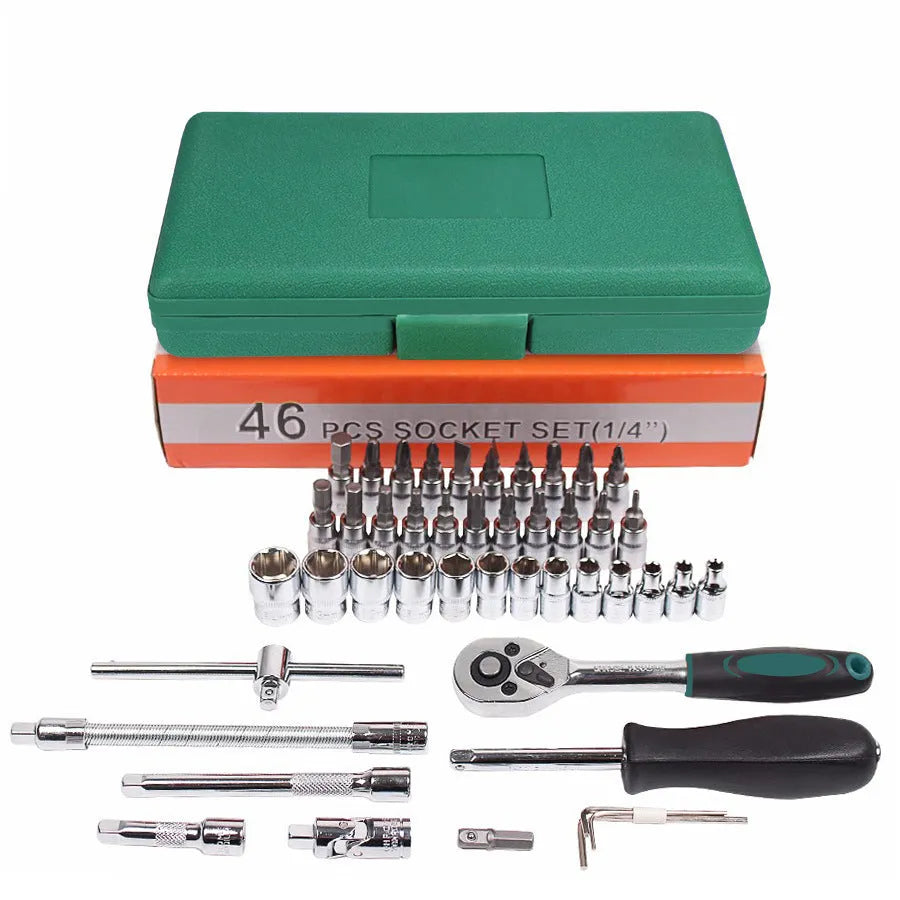 Green plastic case open to show 46-piece alloy steel metric socket set, ratchet wrench, and L-shaped wrenches for auto repair.