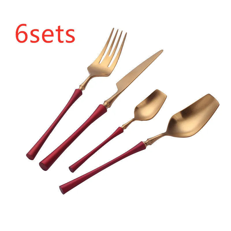 Four-piece stainless steel cutlery set with main knife, main fork, main spoon and teaspoon for gift-giving occasions