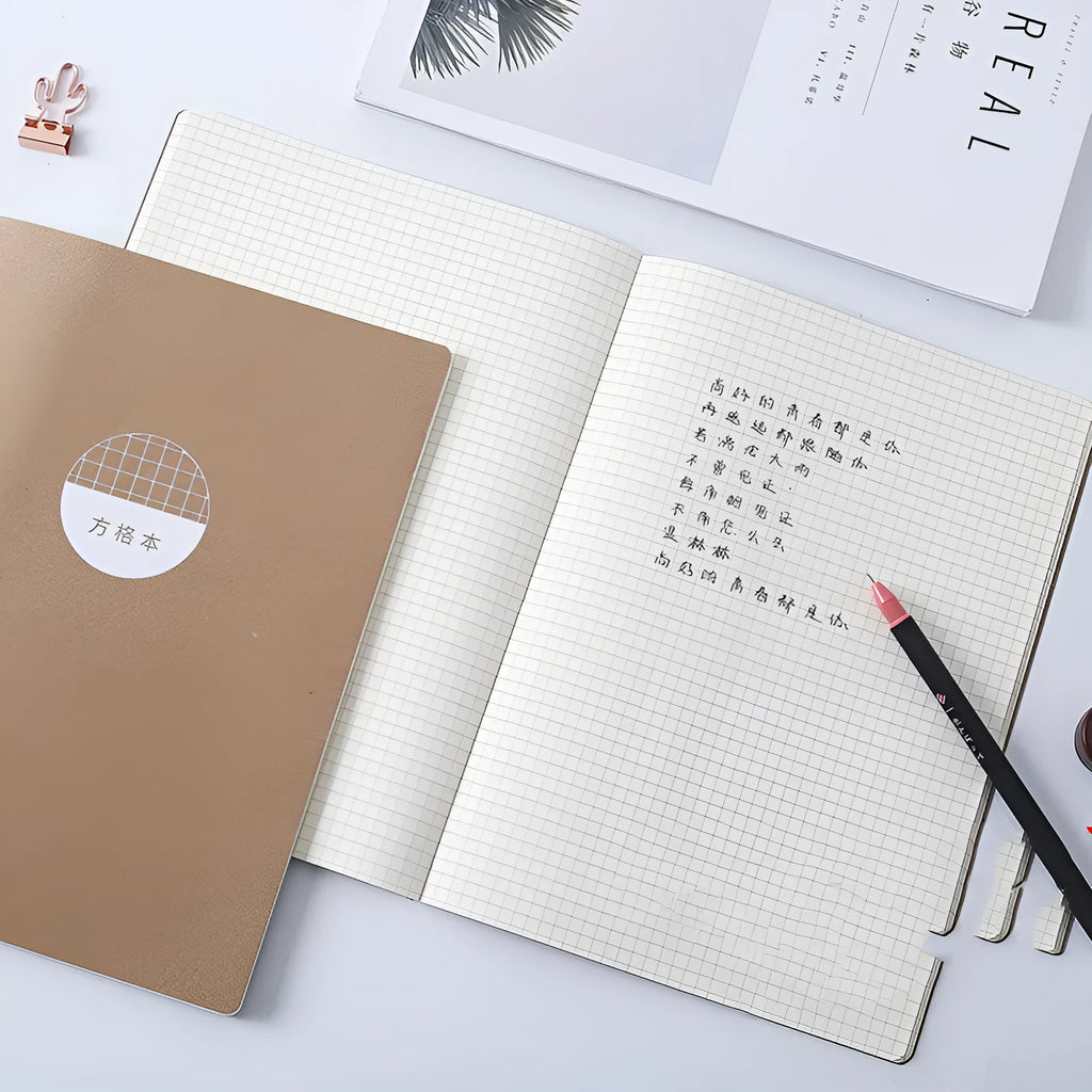 B5 16K grid notebook with soft cover in simple retro style, shown in 2 pack and 4 pack options