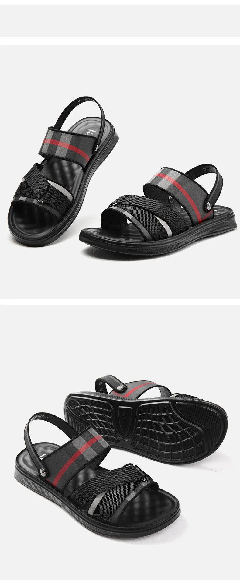 Lightweight summer leisure sandals with a Lycra upper and polyurethane sole on a size chart.