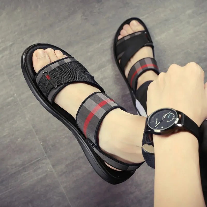 Lightweight summer leisure sandals with a Lycra upper and polyurethane sole on a size chart.