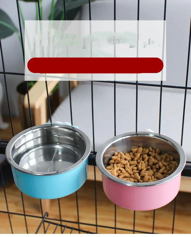 Hanging stainless steel dog and cat bowl in sky blue, pink or green, small 13cm or large 16cm, anti-overturning cage bowl