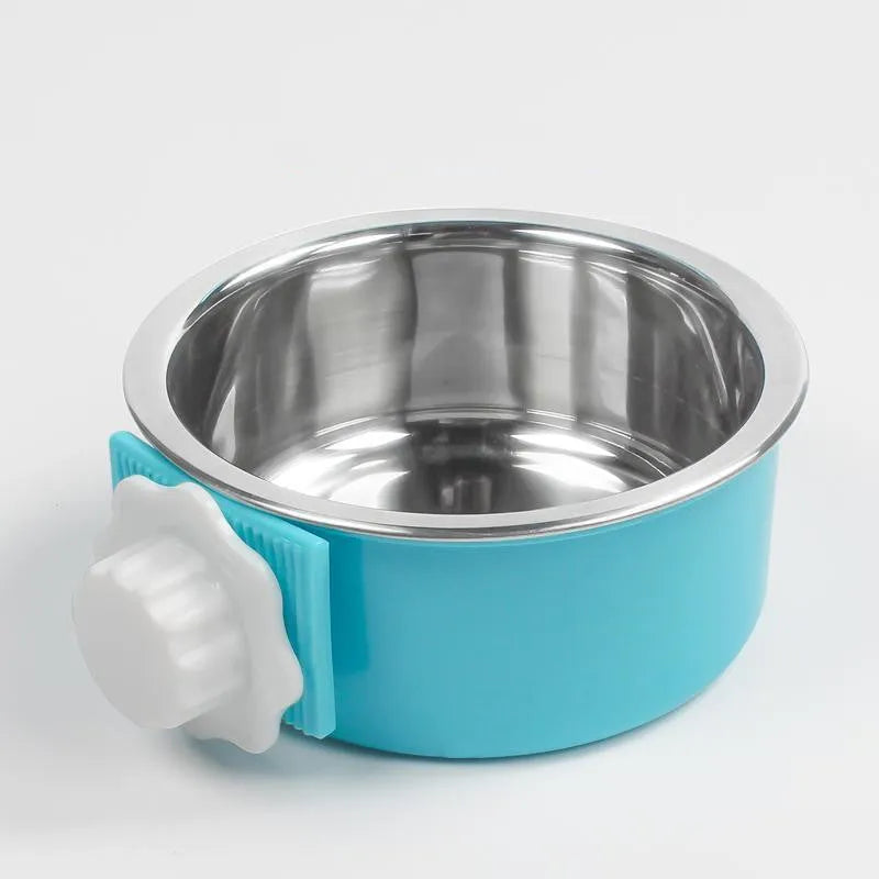 Hanging stainless steel dog and cat bowl in sky blue, pink or green, small 13cm or large 16cm, anti-overturning cage bowl
