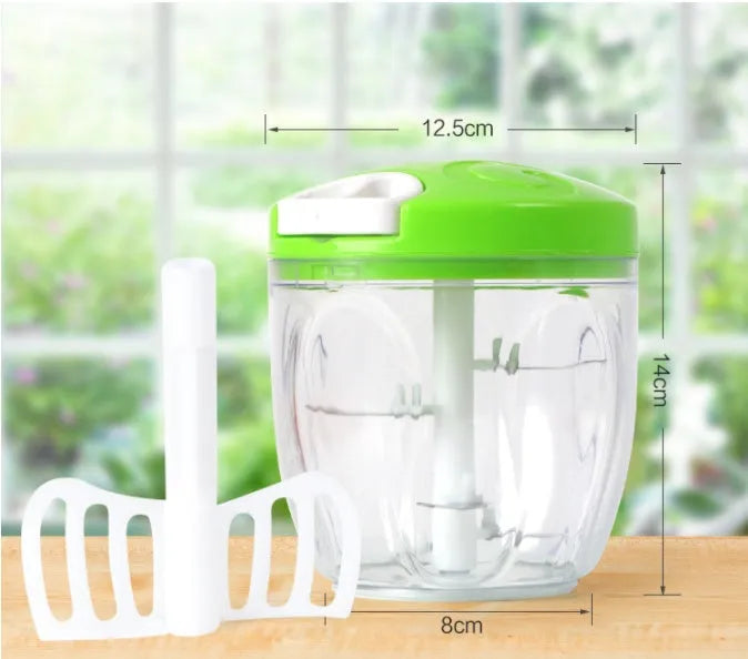Green manual kitchen chopper grinder with three stainless steel blades, showing 500ml capacity.
