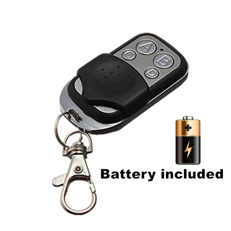 Black metal universal garage door remote with four buttons and 100 metre range