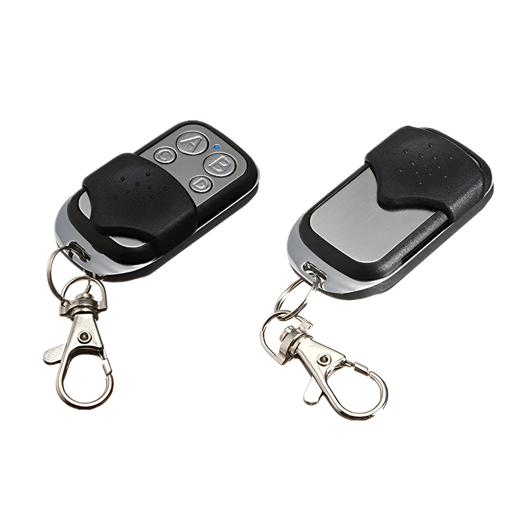 Black metal universal garage door remote with four buttons and 100 metre range