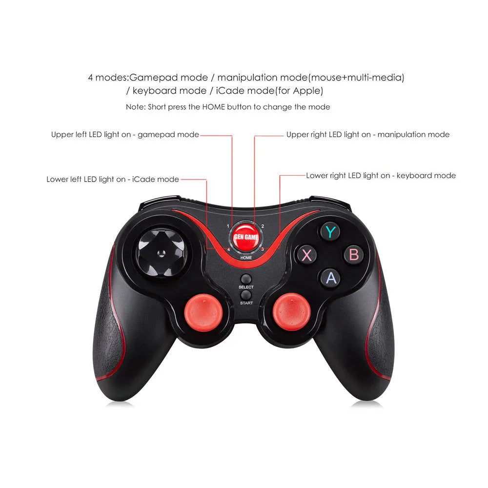 Black wireless Bluetooth gamepad controller for mobile phones on a table.