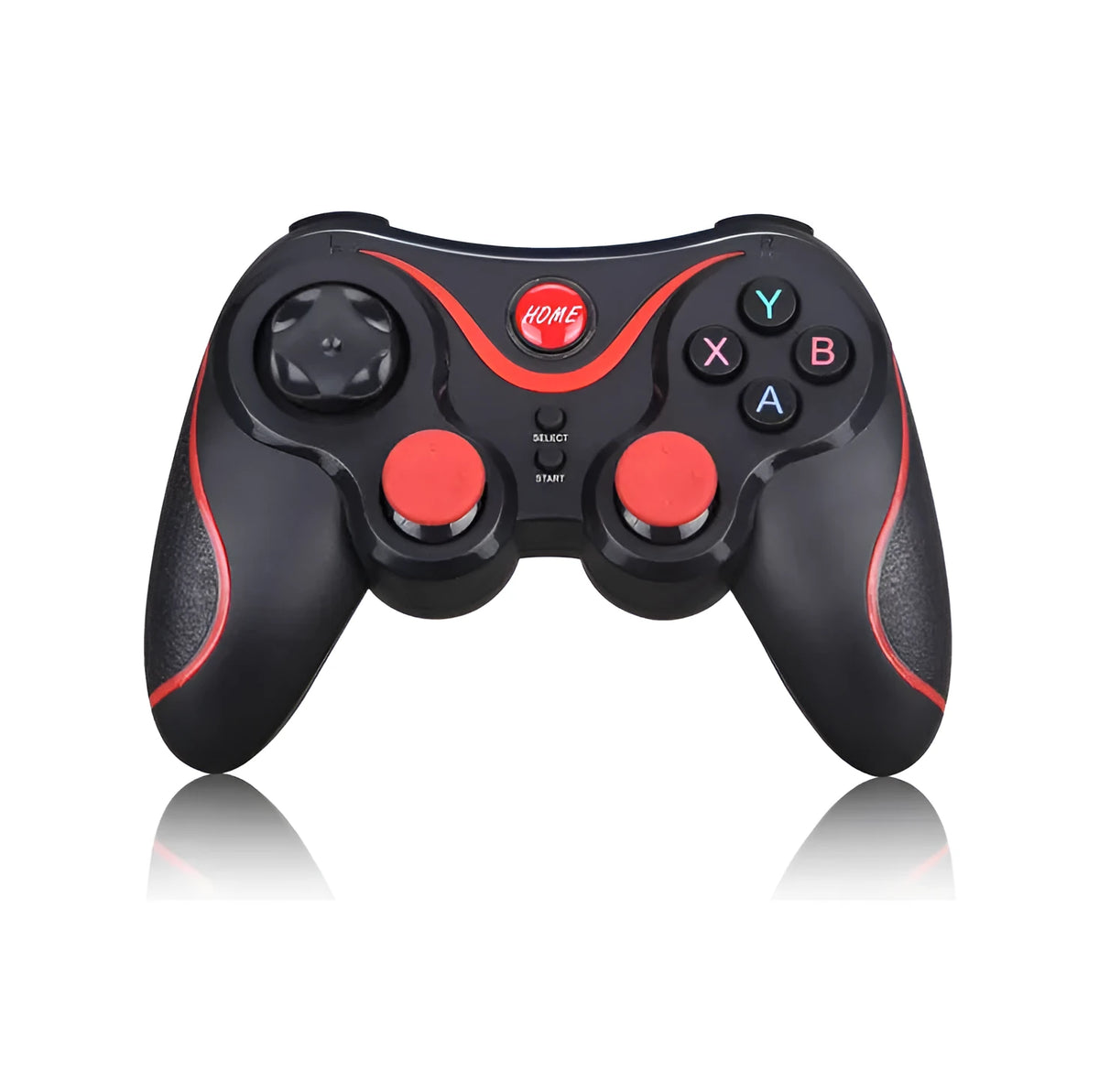 Black wireless Bluetooth gamepad controller for mobile phones on a table.
