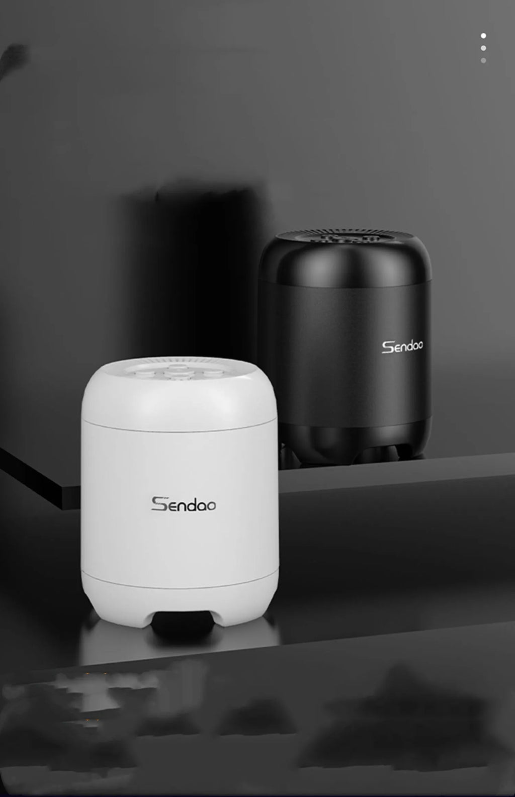 Compact black or white Bluetooth speaker with subwoofer measuring 90x73x73mm