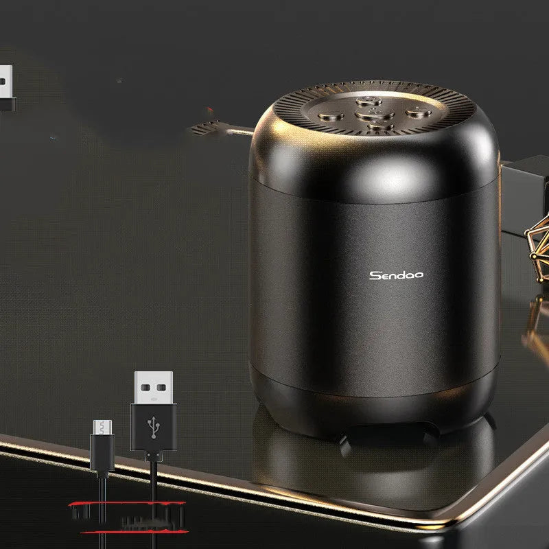 Compact black or white Bluetooth speaker with subwoofer measuring 90x73x73mm