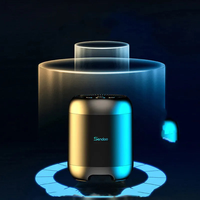 Compact black or white Bluetooth speaker with subwoofer measuring 90x73x73mm