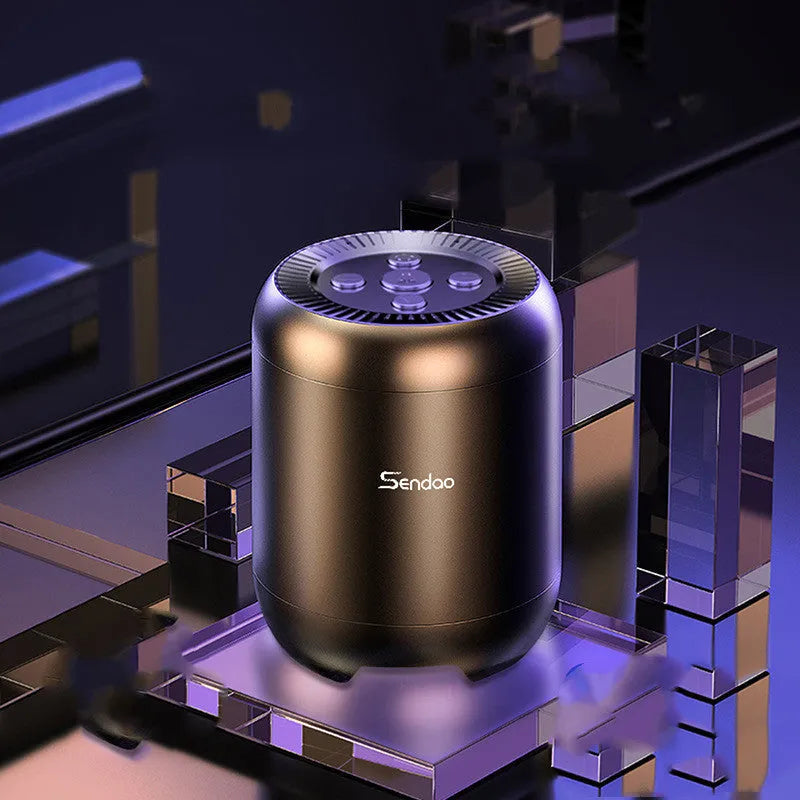 Compact black or white Bluetooth speaker with subwoofer measuring 90x73x73mm
