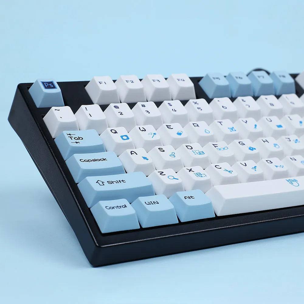 PS theme mechanical keyboard keycap set with 108 keys in blue and white sublimation print design