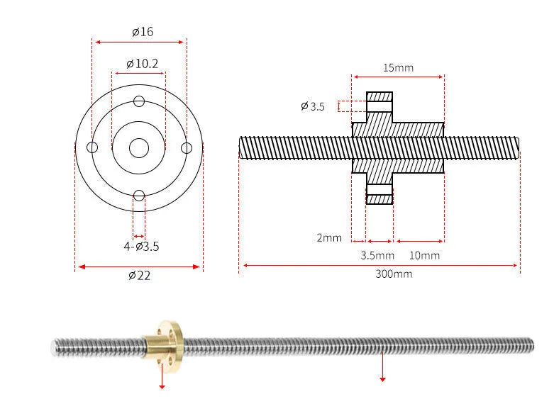 T-shaped trapezoid screw with nut for 3D printer stepping motor drive, lead 2-200 mm