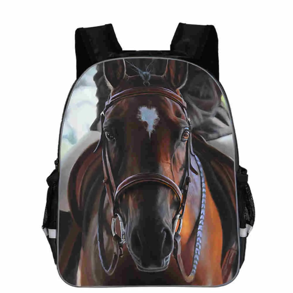 Horse-shaped school backpack with animal head design and cartoon lightning details in multiple colour options