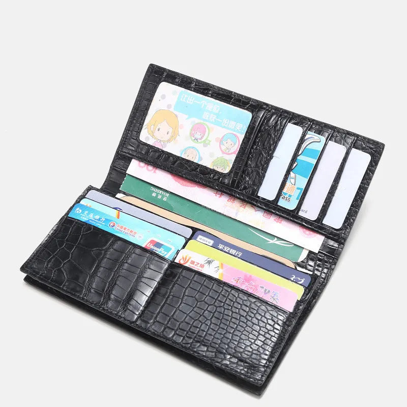 Men's black crocodile leather long wallet, two-fold open, horizontal square mid-length, with card, bill, photo and change sections
