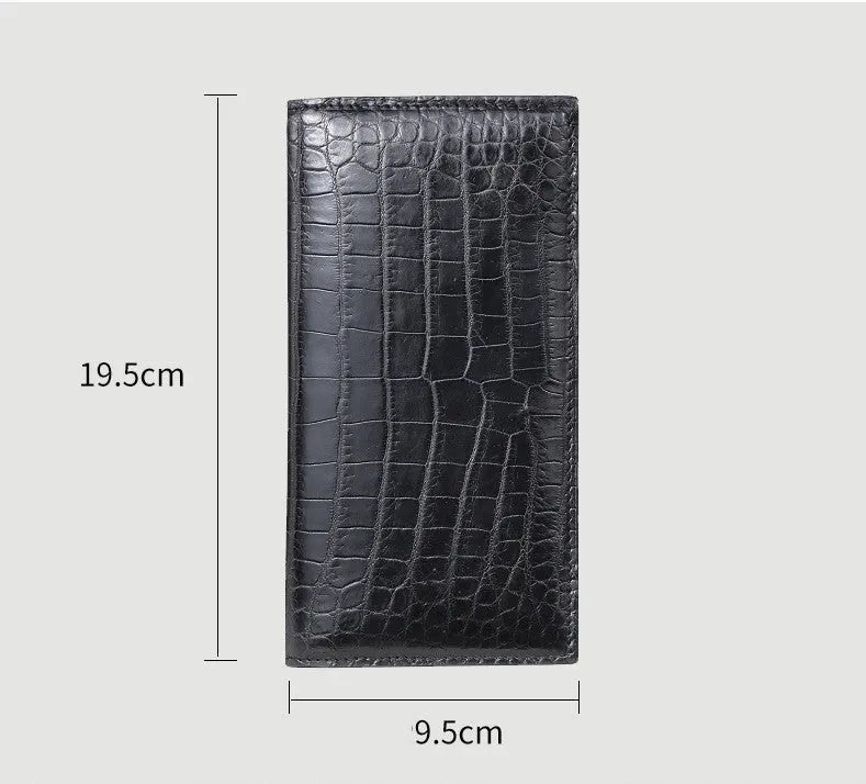 Men's black crocodile leather long wallet, two-fold open, horizontal square mid-length, with card, bill, photo and change sections
