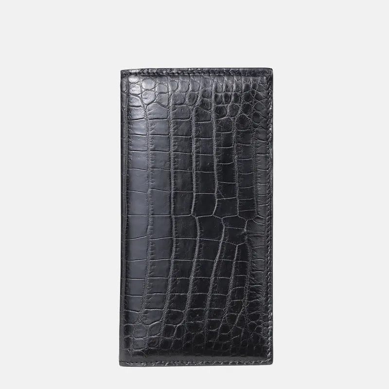 Men's black crocodile leather long wallet, two-fold open, horizontal square mid-length, with card, bill, photo and change sections