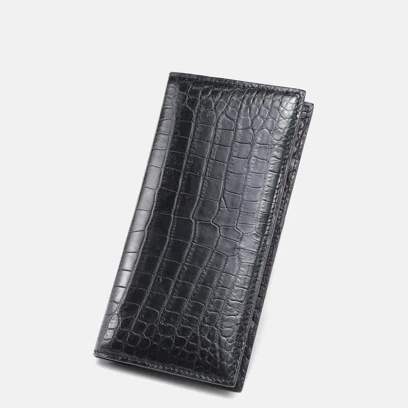 Men's black crocodile leather long wallet, two-fold open, horizontal square mid-length, with card, bill, photo and change sections