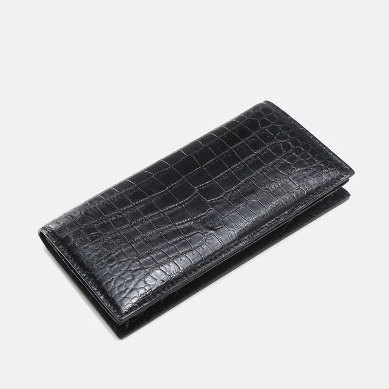 Men's black crocodile leather long wallet, two-fold open, horizontal square mid-length, with card, bill, photo and change sections