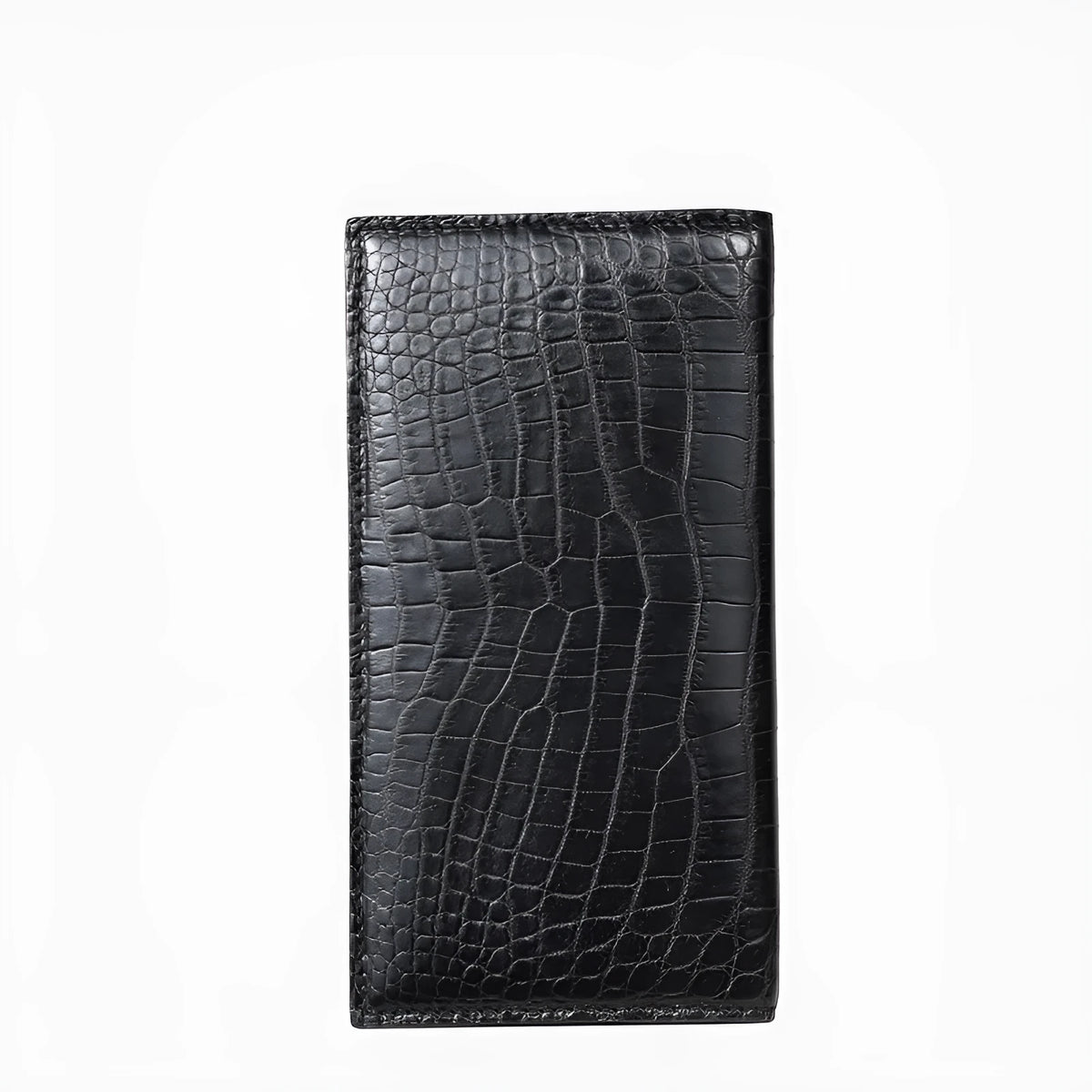 Men's black crocodile leather long wallet, two-fold open, horizontal square mid-length, with card, bill, photo and change sections