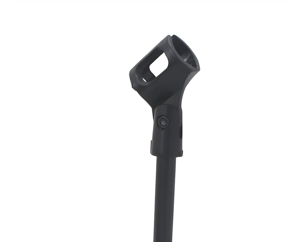Black metal desktop microphone bracket with plastic clip for conference microphones