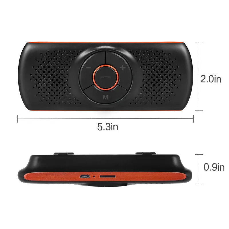 Orange plastic Bluetooth hands-free speaker for car sun visor mounting.