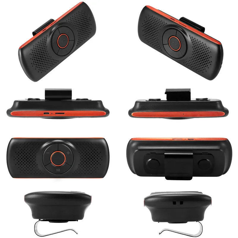 Orange plastic Bluetooth hands-free speaker for car sun visor mounting.