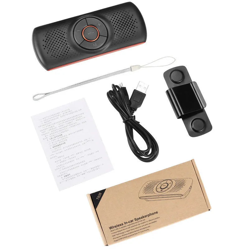 Orange plastic Bluetooth hands-free speaker for car sun visor mounting.