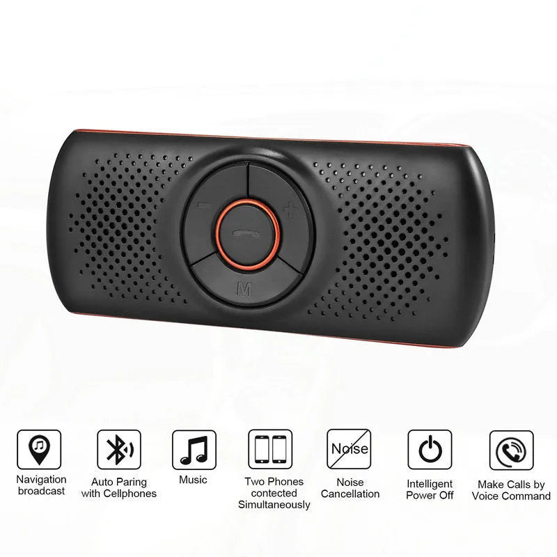 Orange plastic Bluetooth hands-free speaker for car sun visor mounting.