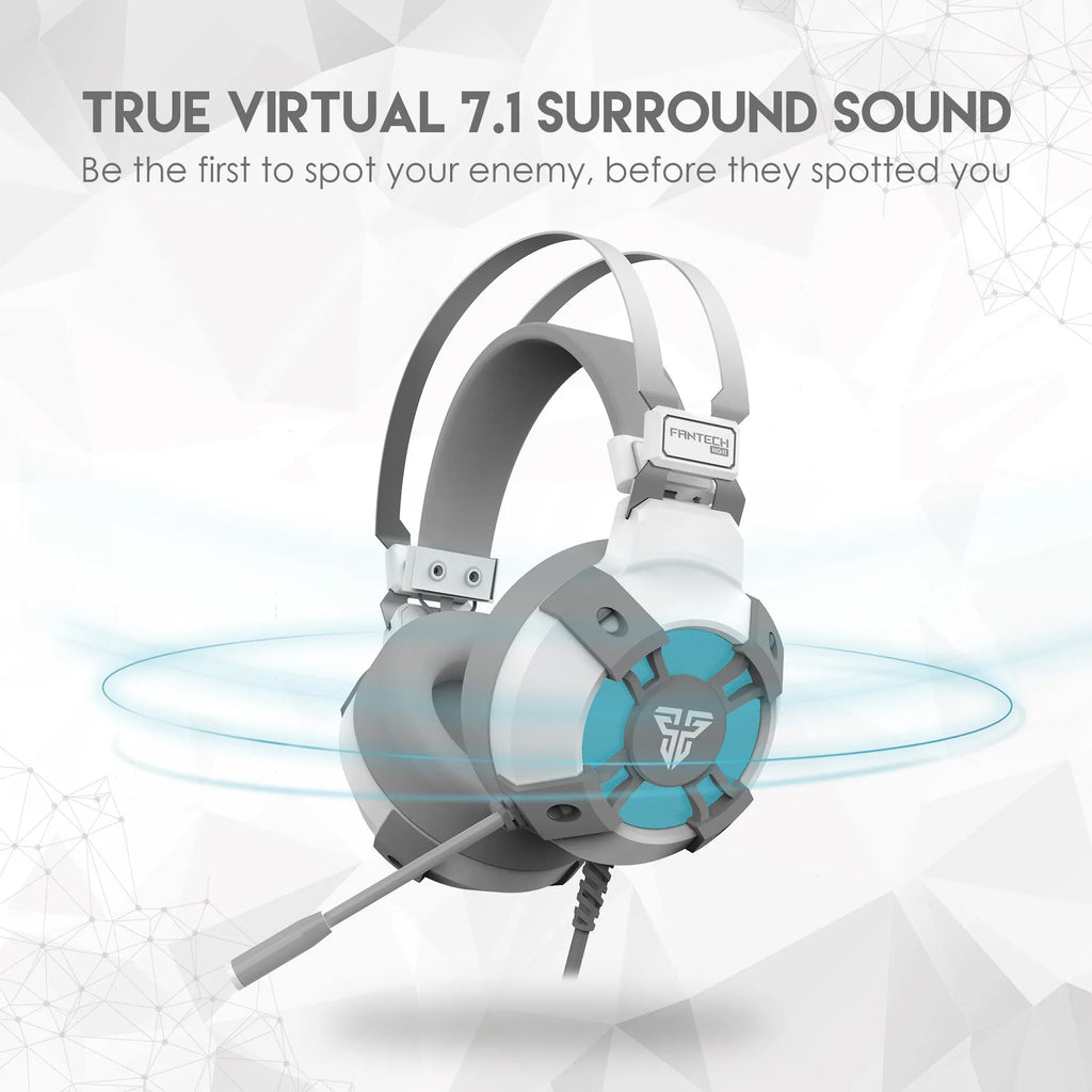 Black FANTECH HG11 USB gaming headset with RGB lights, large ear cups, and a noise-cancelling microphone.