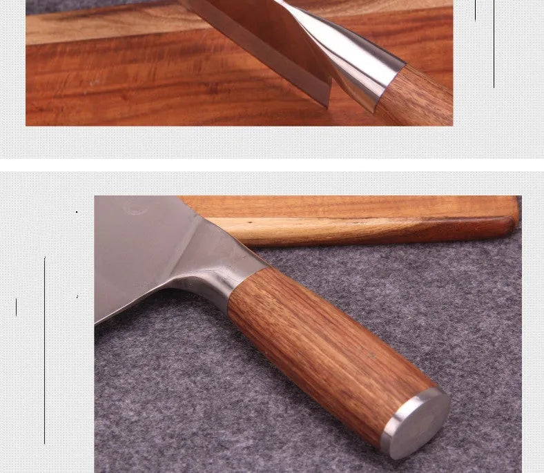 Stainless steel kitchen knife with yellow wooden handle and 19.8cm blade