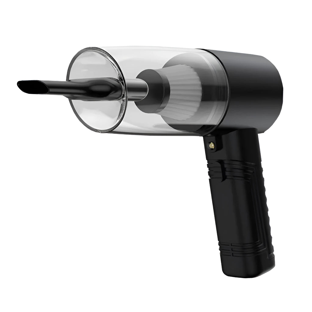 Starry Sky Black portable car vacuum cleaner with long cord and set of suction head accessories.