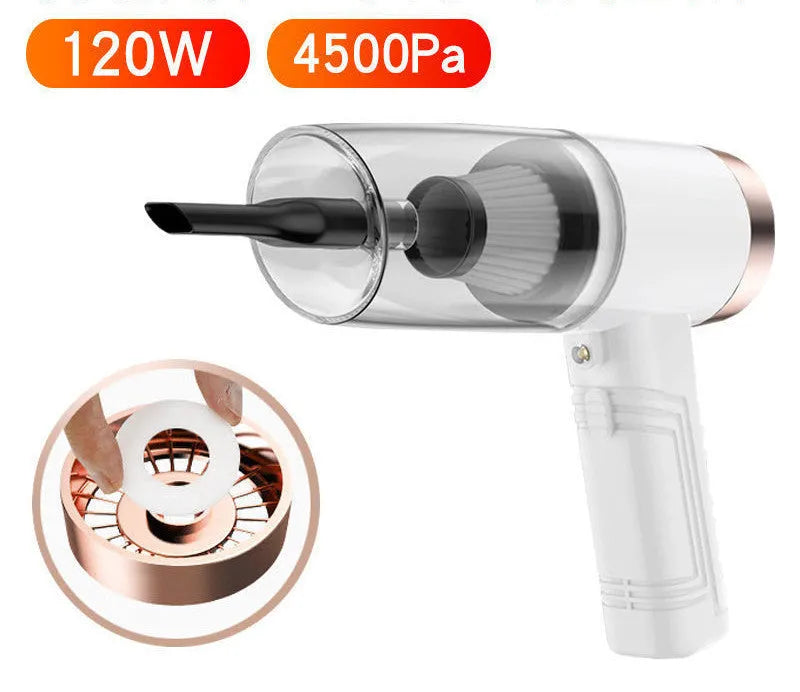 Starry Sky Black portable car vacuum cleaner with long cord and set of suction head accessories.