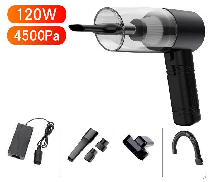 Starry Sky Black portable car vacuum cleaner with long cord and set of suction head accessories.