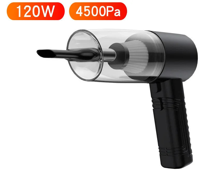 Starry Sky Black portable car vacuum cleaner with long cord and set of suction head accessories.