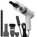 Starry Sky Black portable car vacuum cleaner with long cord and set of suction head accessories.