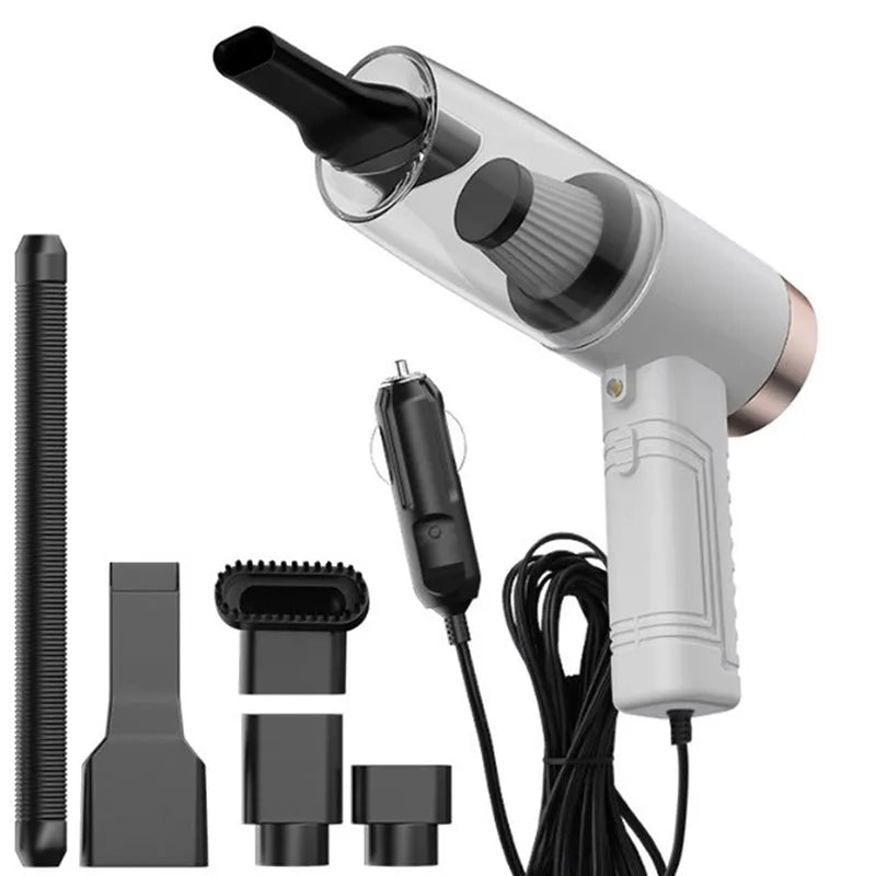 Starry Sky Black portable car vacuum cleaner with long cord and set of suction head accessories.
