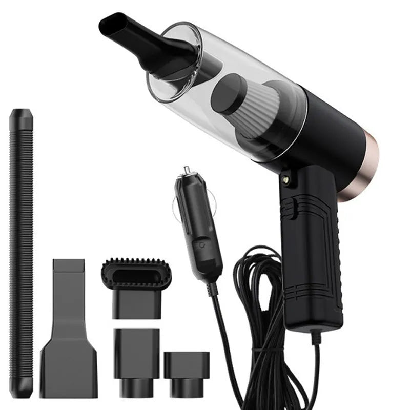 Starry Sky Black portable car vacuum cleaner with long cord and set of suction head accessories.