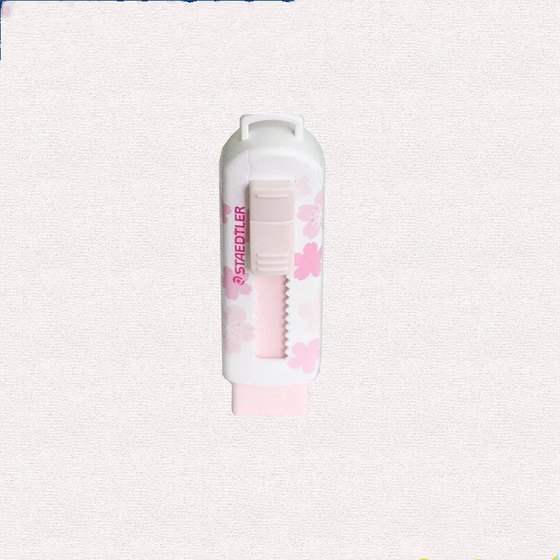 Square pink student geometry rubber eraser with push-pull replaceable core measuring 86x26x22mm
