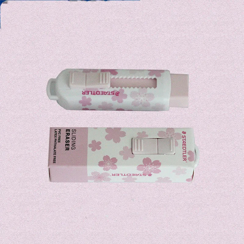 Square pink student geometry rubber eraser with push-pull replaceable core measuring 86x26x22mm
