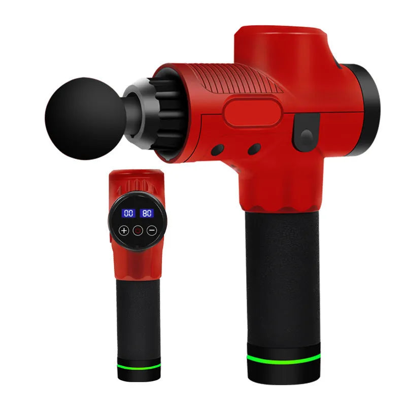 Electric muscle massage gun with multiple head attachments on black background