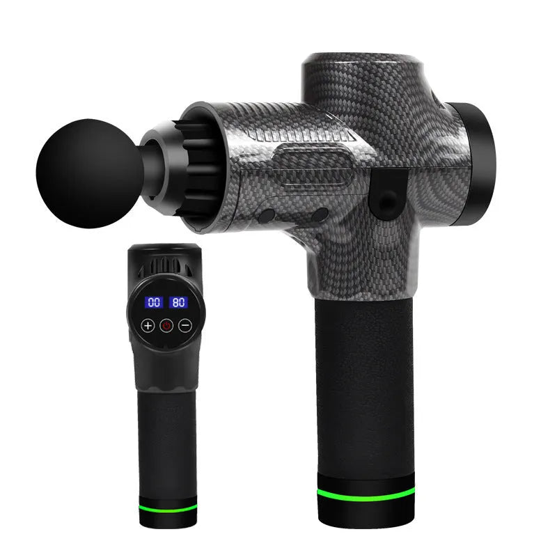 Electric muscle massage gun with multiple head attachments on black background