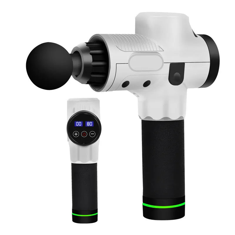 Electric muscle massage gun with multiple head attachments on black background