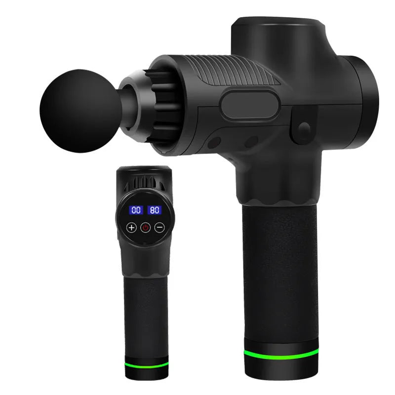 Electric muscle massage gun with multiple head attachments on black background