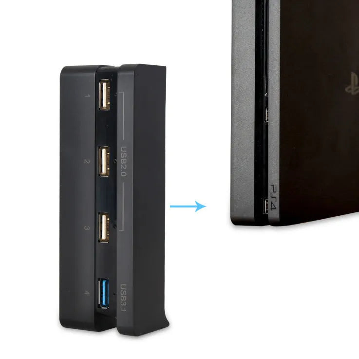 Black PS4 Slim USB hub extender with multiple USB ports for gaming accessories