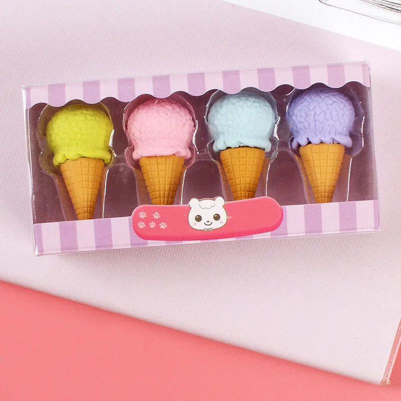 Pack of 12 cartoon erasers in ice cream, donut, and lollipop shapes for children.
