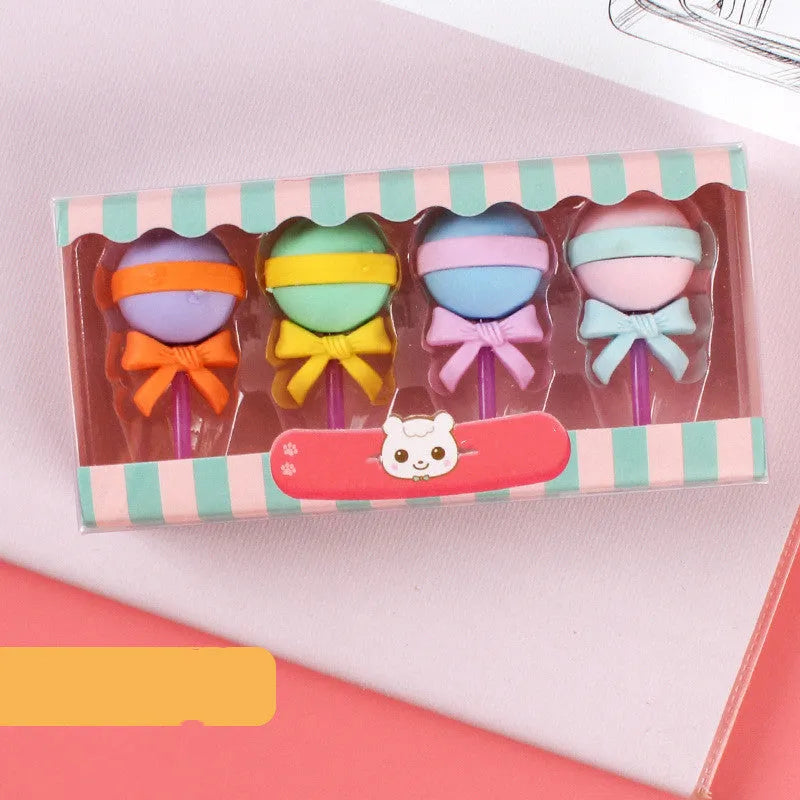 Pack of 12 cartoon erasers in ice cream, donut, and lollipop shapes for children.