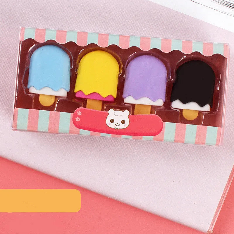 Pack of 12 cartoon erasers in ice cream, donut, and lollipop shapes for children.