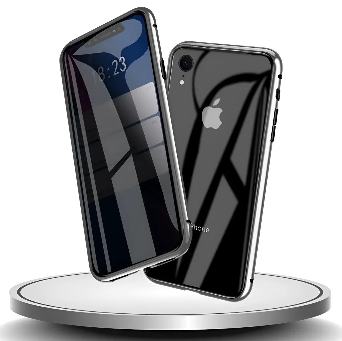 Machined glass anti-spy clamshell case for iPhone in black, silver, red, gold, green, or blue.